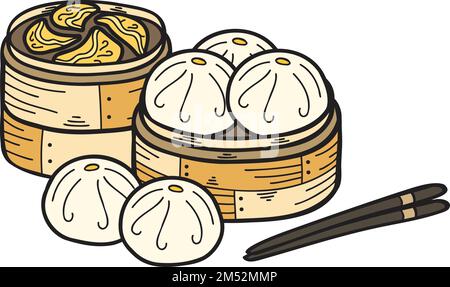 Petit pain cuit à la vapeur dessiné à la main avec plateau en bambou, illustration des aliments chinois et japonais isolée sur fond Illustration de Vecteur