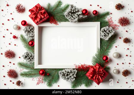 Cadre de Noël en branches de sapin, baies rouges. Papier peint de Noël. Plan d'agencement, vue de dessus Banque D'Images