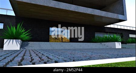 Design élégant de la véranda du logement de banlieue avancé. Pavés en granit naturel et longues marches en béton armé. 3d rendu. Banque D'Images