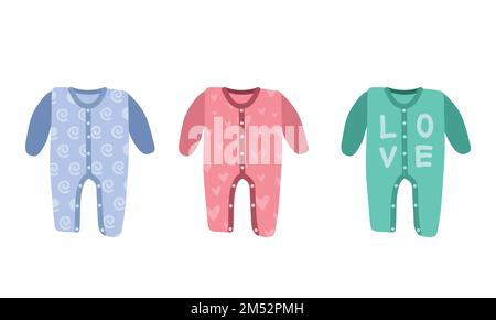 Ensemble vectoriel de clipart bébé. Combinaison de nuit simple et mignonne pour bébé, barboteuse, combinaison-pantalon, combinaison à motif vectoriel plat. Vêtements pour bébé BabyGrow pour le sommeil de bébé Illustration de Vecteur