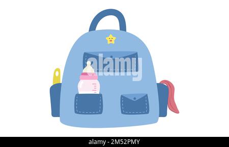 Clipart de sac pour bébé. Joli sac de mère bleu simple avec des affaires de bébé bébé bébé bouteille, serviette, brosse de bouteille illustration vectorielle plate. Sac de soin pour bébé de style dessin animé Illustration de Vecteur