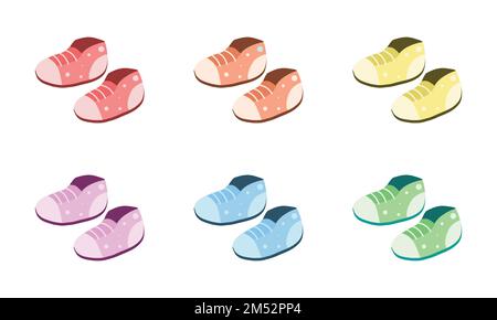 Ensemble vectoriel de chaussures colorées pour bébé clipart. Illustration simple et mignonne de chaussures ou de baskets vertes à motif vectoriel plat. Chaussons, chaussures de bébé style dessin animé Illustration de Vecteur