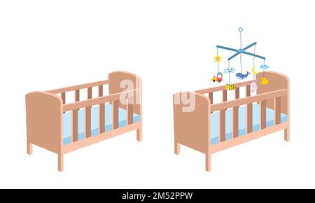 Lit de bébé en bois clipart. Berceau simple mignon avec bébé mobile jouet suspendu plat illustration vectorielle. Lit bébé berceau lit enfants chambre style dessin animé Illustration de Vecteur