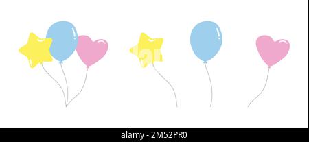 Ensemble vectoriel de ballons de bébé clipart. Ballons simples mignons avec différentes couleurs et formes illustration vectorielle plate. En forme d'étoile, ronde, en forme de coeur Illustration de Vecteur