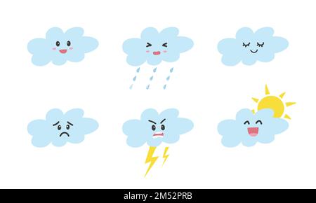 Ensemble de jolis nuages de douche de bébé avec différentes émotions clipart. Simple personnage mignon, nuage kawaii face plate illustration vectorielle. Doux sourire drôle Illustration de Vecteur