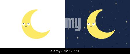 Crescent Moon avec kawaii face à la clipart. Illustration simple à vecteur plat croissant de lune jaune souriant. Personnage de dessin animé Happy Crescent Moon Illustration de Vecteur