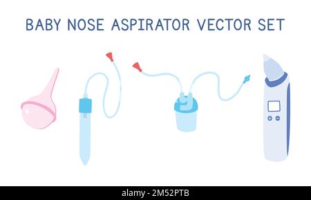 Kit de nettoyant nasal pour bébé, aspirateurs nasaux clipart. Illustration vectorielle plate simple et mignonne pour aspirateur-nez de bébé isolée. Classique, électrique, batterie Illustration de Vecteur