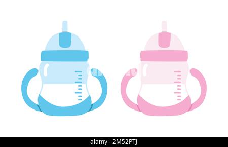 Ensemble vectoriel de tasse à gorgée bleu et rose pour bébé clipart. Petite bouteille d'eau mignonne simple pour les enfants buvant une illustration vectorielle plate. Dessin animé de la tasse à gorgée de bébé Illustration de Vecteur