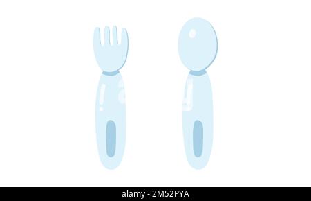 Jeu de fourchette et de cuillère pour la clipart de bébé. Illustration de la fourchette et de la cuillère de sevrage pour bébé à surface plate. Enfants simples manger ustensiles icône de style dessin animé Illustration de Vecteur