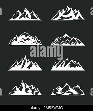 Set Mountains Peaks, ski logo éléments design collection d'icônes isolée. Scénario Illustration enquête sur les accidents, randonnée, escalade camping travail Illustration de Vecteur