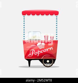 Chariot de maïs soufflé, kiosque sur roues, détaillants, bonbons et produits de confiserie, et modèle plat isolé sur fond blanc illustration vectorielle. Collations f Illustration de Vecteur