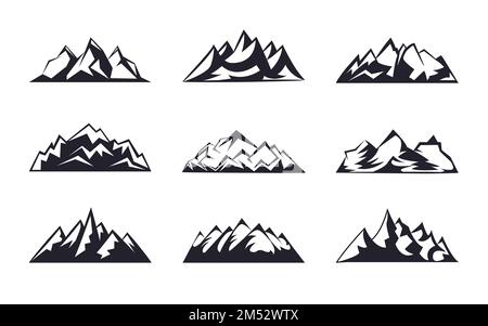 Set Mountains Peaks, ski logo design éléments collection d'icônes isolée sur fond blanc. Illustration vectorielle enquête sur les accidents, randonnée, roche c Illustration de Vecteur