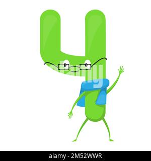 Quatre personnages amusants et colorés sous forme de personnages de dessin animé pour enfants isolés. Quatrième illustration vectorielle symbole mathématique pour enfants, souriant. Illustration de Vecteur