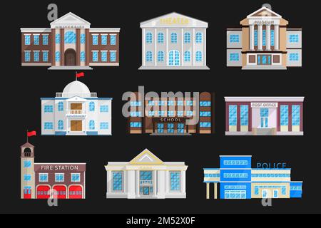 Bâtiments isolés dans un vecteur de style plat. Municipal, gouvernement, banque, école, université, caserne de pompiers, police, musée, bureau de poste, théâtre. Illustration de Vecteur