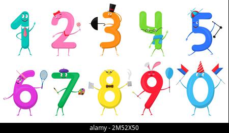 Adorables numéros de collection colorés sous la forme de divers personnages de dessin animé pour enfants isolés. Illustration vectorielle symboles mathématiques un, deux, t Illustration de Vecteur