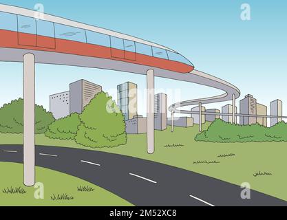 Monorail train route ville graphique couleur paysage esquisse illustration vecteur Illustration de Vecteur