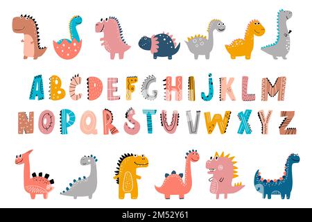Les dinosaures mignons sont une collection de dinosaures colorés et de doux éléments de l'alphabet ABC. Illustration de Vecteur