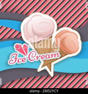 La crème glacée est isolée dans une tasse à gaufre dans le style d'un logo de dessin animé emblème de l'emballage pour votre produit illustration Vector. Étiquette, lait, délicieux dessert Illustration de Vecteur