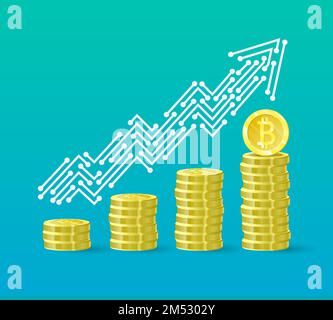 Le diagramme de croissance de la crypto-monnaie du système financier est en croissance. Cours Bitcoin. La ligne de la flèche de tendance vers le haut sous forme de pistes sur t Illustration de Vecteur