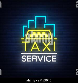 Logo Vector Neon taxi isolé sur fond de brique. Logo silhouette de taxi lumineux. Design publicité signe de nuit de la marque de taxi. Illustration de Vecteur