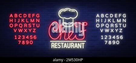 Logo, enseigne et emblème du restaurant du chef dans un style néon. Un panneau lumineux, une bannière lumineuse nocturne. Publicité lumineuse d'un restaurant, d'un café et d'un snack Illustration de Vecteur
