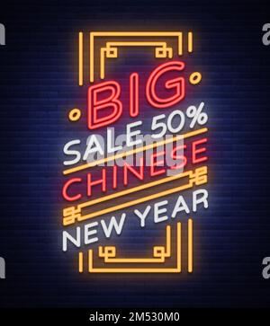 Affiche de vente du nouvel an chinois en style néon. Enseigne néon, bannière lumineuse, enseigne néon sans flamme sur la réduction du nouvel an. Circulaire, carte postale, ventes de nuit Illustration de Vecteur