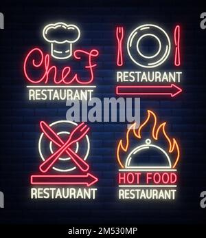 Ensemble de logos, étiquettes pour le restaurant, la salle à manger, la nourriture du magasin. Logos, enseignes au néon. Enseignes lumineuses, bannières lumineuses, publicité de nuit. Illustration de Vecteur
