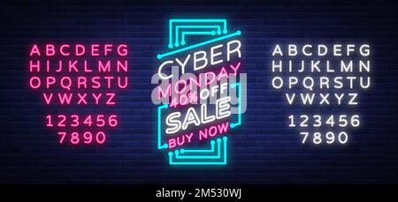 Cyber Monday, illustration du concept de vente à prix réduit dans le style néon, achat en ligne et concept de marketing, illustration vectorielle. Panneau lumineux au néon, b Illustration de Vecteur