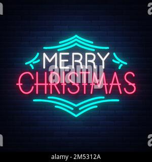 Texte Merry Christmas, modèle modèle de lettre de conception, couverture dans un style néon. Bannière lumineuse, enseigne au néon, fête de Noël. V Illustration de Vecteur