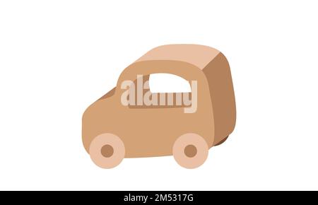 Enfants voiture jouet en bois clipart. Mignon simple en bois brun voiture jouet pour bébé, enfants, enfants illustration vectorielle plate. Voiture en bois jouet icône de style dessin animé Illustration de Vecteur