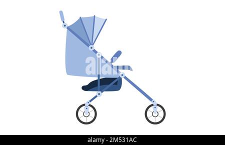 Poussette moderne pour bébé. Illustration simple de poussette de bébé à vecteur plat. Enfants, enfant bébé poussette vue latérale icône de style de dessin animé Illustration de Vecteur