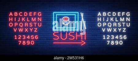 Logo Vector Neon Sushi bar, rue asiatique de restauration rapide dans un bar ou un magasin, sushi, Onigiri avec rouleau de saumon et baguettes, isolé. Advertis lumineux Illustration de Vecteur