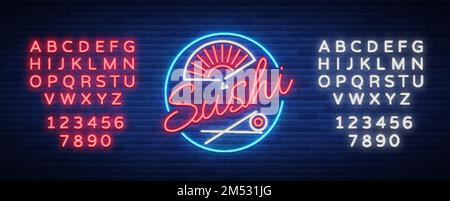 Logo Vector Neon Sushi bar, rue asiatique de restauration rapide dans un bar ou un magasin, sushi, Onigiri avec rouleau de saumon et baguettes, isolé. Advertis lumineux Illustration de Vecteur