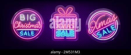 Réductions sur les soldes de Noël, un ensemble de cartes de style néon. Collection de panneaux Neon, affiche lumineuse, publicité de nuit lumineuse des ventes de Noël. Vecteur Illustration de Vecteur