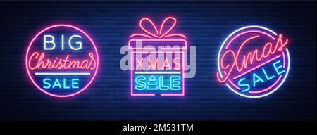Réductions sur les soldes de Noël, un ensemble de cartes de style néon. Collection de panneaux Neon, affiche lumineuse, publicité de nuit lumineuse des ventes de Noël. Vecteur Illustration de Vecteur