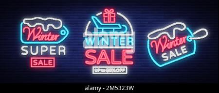 La vente d'hiver est une collection d'affiches dans le style néon. Ensemble de panneaux Neon, prospectus lumineux, bannière brillante, publicité de nuit sans néon sur le sujet o Illustration de Vecteur