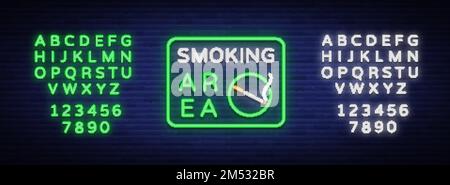 L'espace fumeur est un panneau de néon vectoriel. Symbole de néon, un panneau lumineux est un endroit pour fumer. Enseigne lumineuse, bannière lumineuse. Modification du symbole néon de texte. Néons Illustration de Vecteur