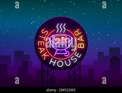 Logo Steak House Vector. Enseigne au néon, symbole, publicité lumineuse barbecue de nuit, grill, viande rôtie, bar grill, restaurant. Bannière lumineuse au néon, lumineuse Illustration de Vecteur