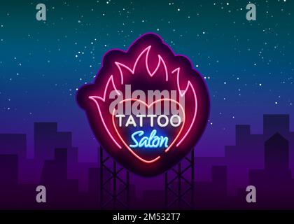 Logo tatouage salon vecteur. Enseigne au néon, symbole de coeur dans le feu, panneau lumineux lumineux lumineux, bannière de nuit, publicité lumineuse au néon sur un tatouage Illustration de Vecteur