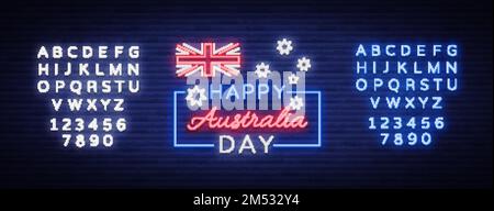 Vecteur de signe néon Happy Australia Day. Bannière néon, carte lumineuse, panneau lumineux, carte de bienvenue nuit néon Happy Australia 26 janvier. Flyer, design templ Illustration de Vecteur