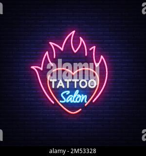 Logo tatouage salon vecteur. Enseigne au néon, symbole de coeur dans le feu, panneau lumineux lumineux lumineux, bannière de nuit, publicité lumineuse au néon sur un tatouage Illustration de Vecteur