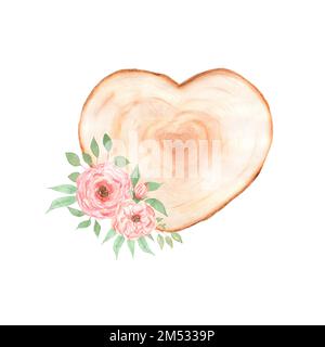 Pivoine rose aquarelle et tranche de bois, illustration de bouquets d'été, arrangements floraux délicats, fleurs de mariage, bouquet vintage. Banque D'Images