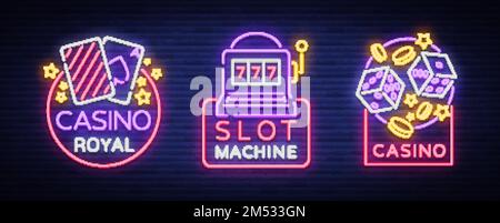 Casino est un ensemble de panneaux de néon. Collection de Neon logos machine à sous symbole de jeu, la bannière lumineuse casino néon pour vos projets. Lumière de nuit bil Illustration de Vecteur