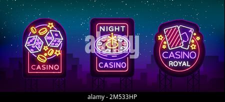 Casino est un ensemble de panneaux de néon. Collection de Neon logos machine à sous symbole de jeu, la bannière lumineuse casino néon pour vos projets. Lumière de nuit bil Illustration de Vecteur