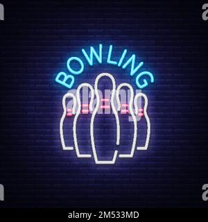 Le bowling est un signe de néon. Emblème de symbole, logo de style Neon, bannière publicitaire lumineuse, panneau d'affichage lumineux de nuit, modèle de conception pour le Bowling Illustration de Vecteur