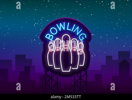 Le bowling est un signe de néon. Emblème de symbole, logo de style Neon, bannière publicitaire lumineuse, panneau d'affichage lumineux de nuit, modèle de conception pour le Bowling Illustration de Vecteur