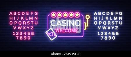 Logo de bienvenue du Casino dans le style néon. Modèle de conception. Enseigne néon, bannière lumineuse, panneau d'affichage néon publicité lumineuse jeu, casino, poker, machine à sous mac Illustration de Vecteur