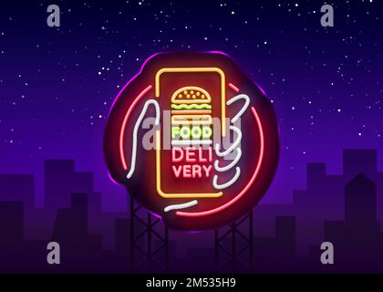 Affiche au néon sur la livraison des aliments. Smartphone en mains, commande de nourriture par smartphone, symbole en style néon, bannière lumineuse, lumière de nuit néon publicité nourriture Illustration de Vecteur