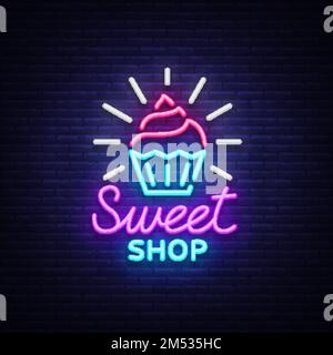 Le logo Sweet Shop est de style néon. Affiche de néon de la boutique de bonbons, bannière lumineuse, publicité de bonbons de nuit au néon lumineux. Modèle de conception pour vos projets. Vecteur Ill Illustration de Vecteur