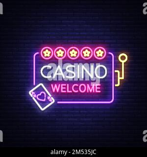 Logo de bienvenue du Casino dans le style néon. Modèle de conception. Enseigne néon, bannière lumineuse, panneau d'affichage néon de nuit, publicité lumineuse jeu, casino, poker, s Illustration de Vecteur